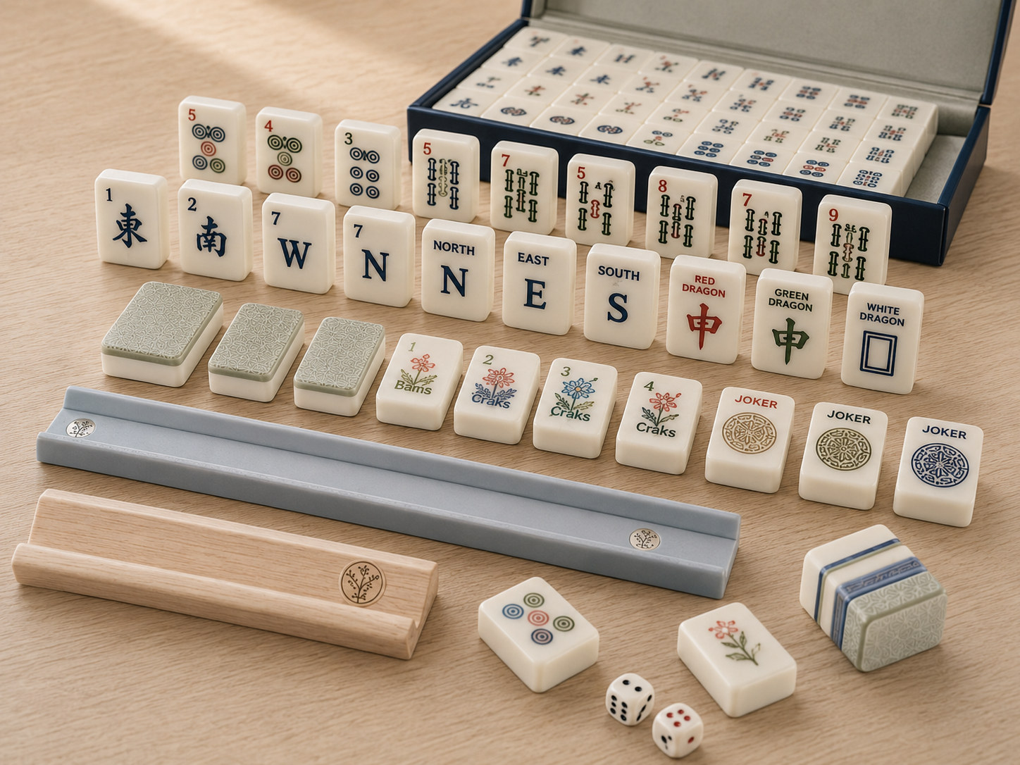 Complete American Mahjong product with racks and packaging