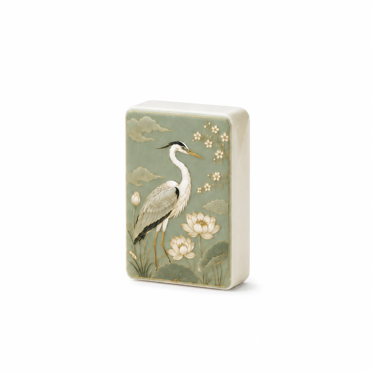 Single Sage Heron Mahjong tile with lotus and gold-tone botanical artwork