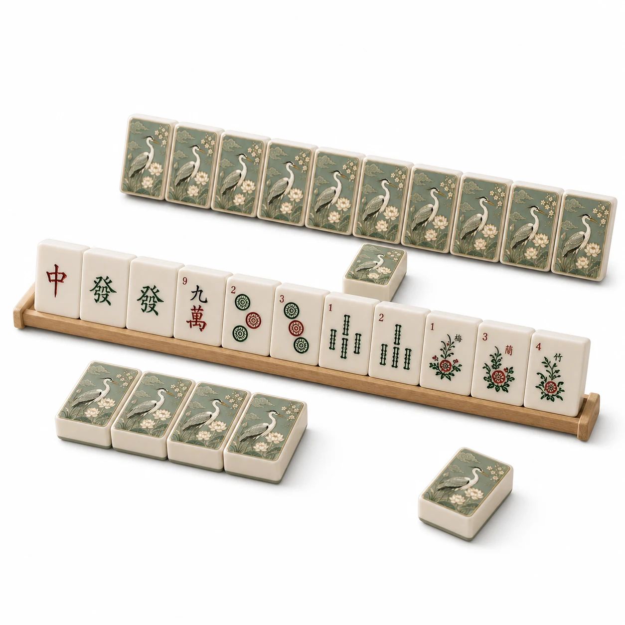 Sage Heron American Mahjong tiles with readable faces and botanical backs