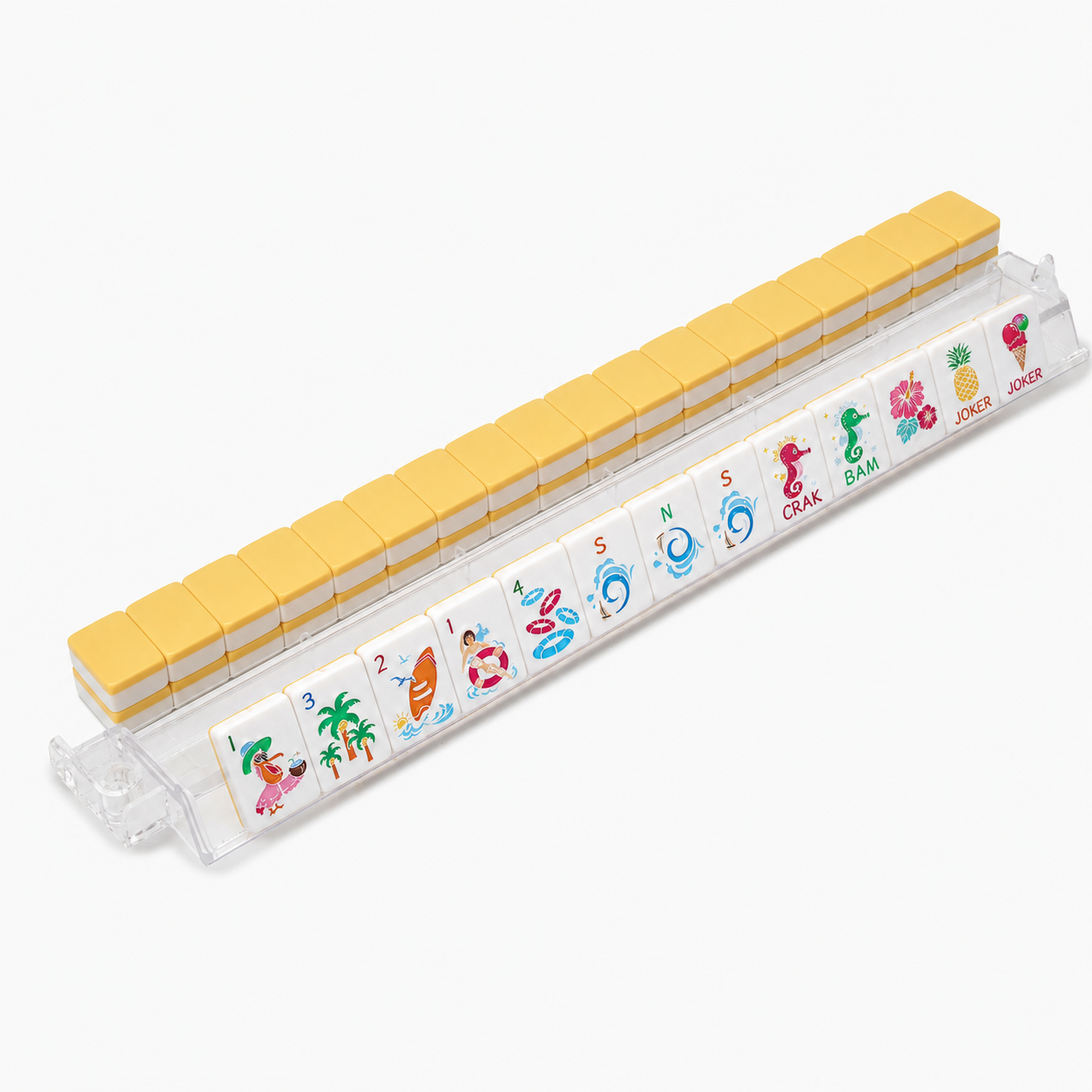 Coastal Summer Mahjong tiles displayed on rack