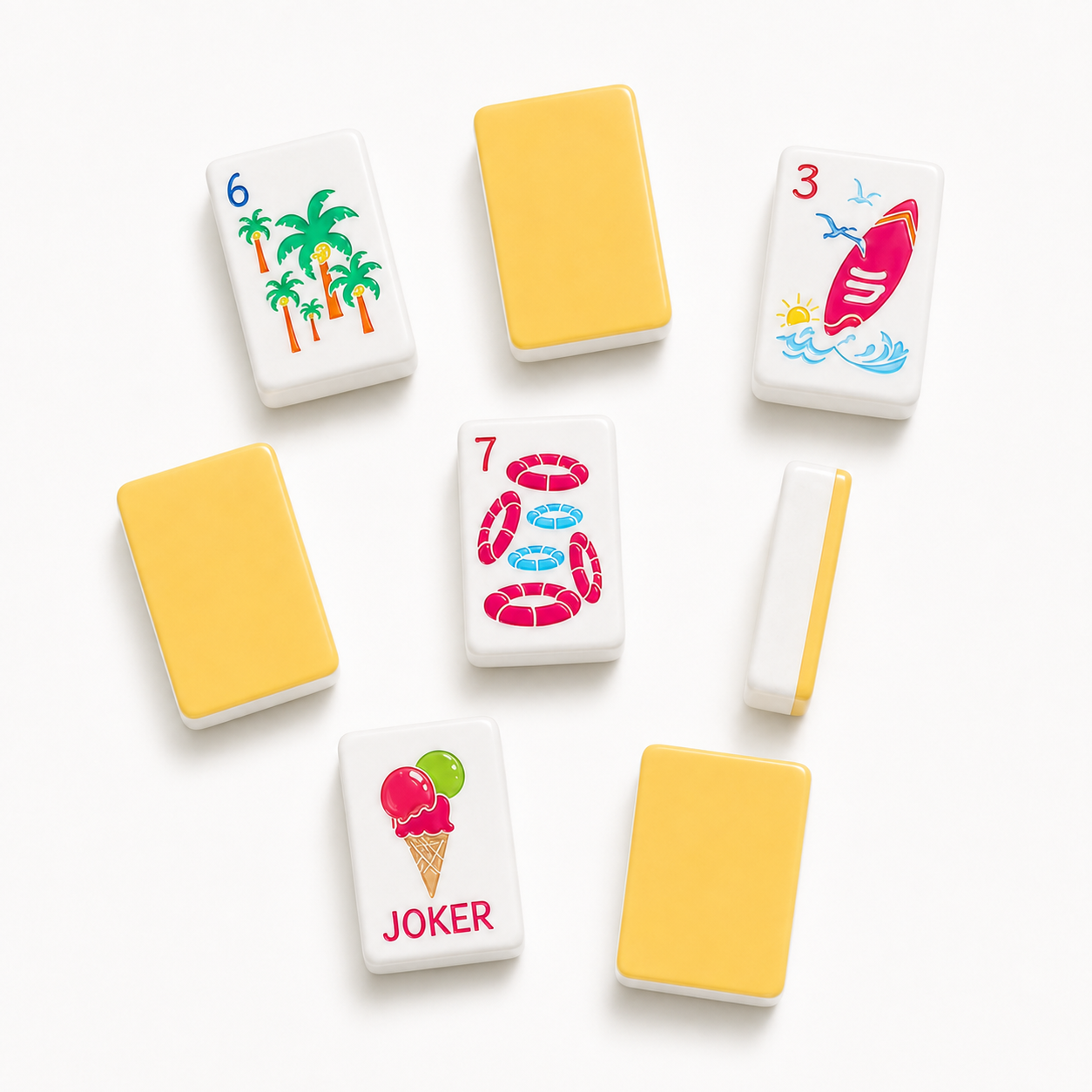 Coastal Summer tile details with tropical artwork and yellow backs
