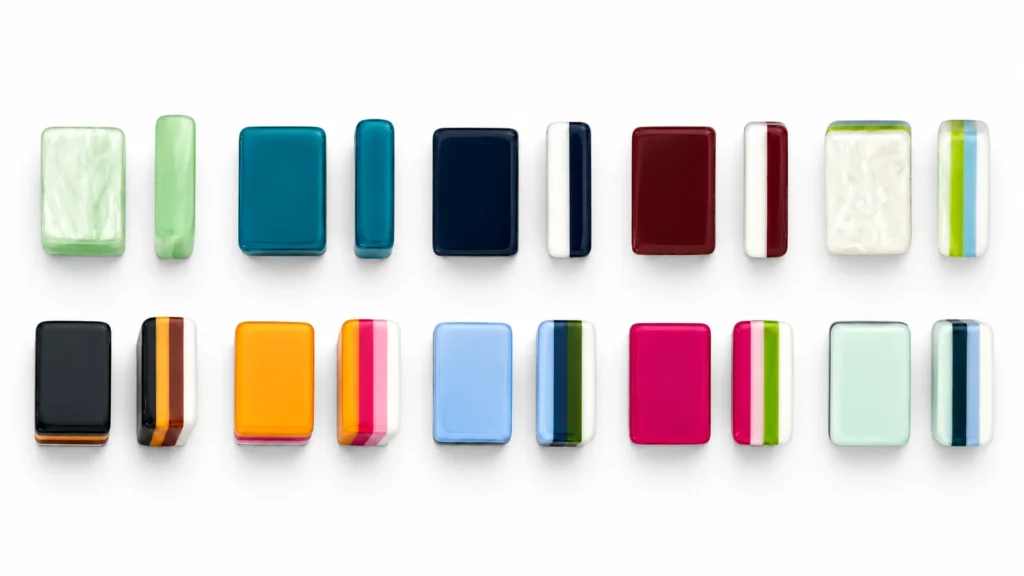Blank acrylic Mahjong tile color options showing plain faces and layered side profiles