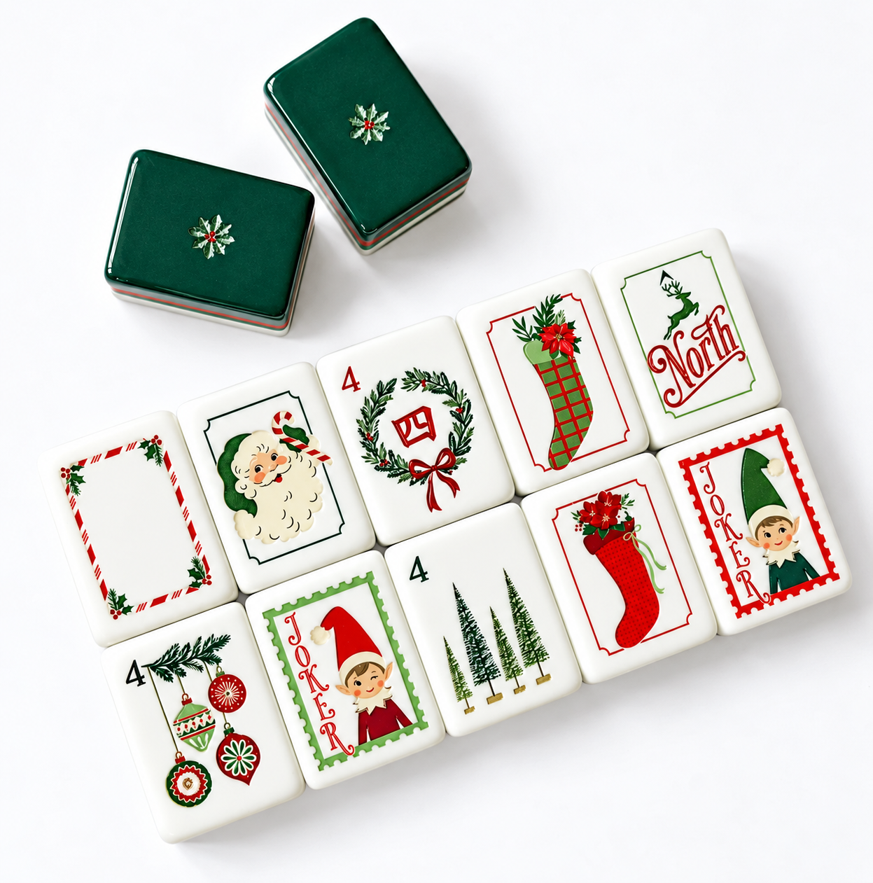 Christmas American mahjong tiles with green backs and festive holiday artwork