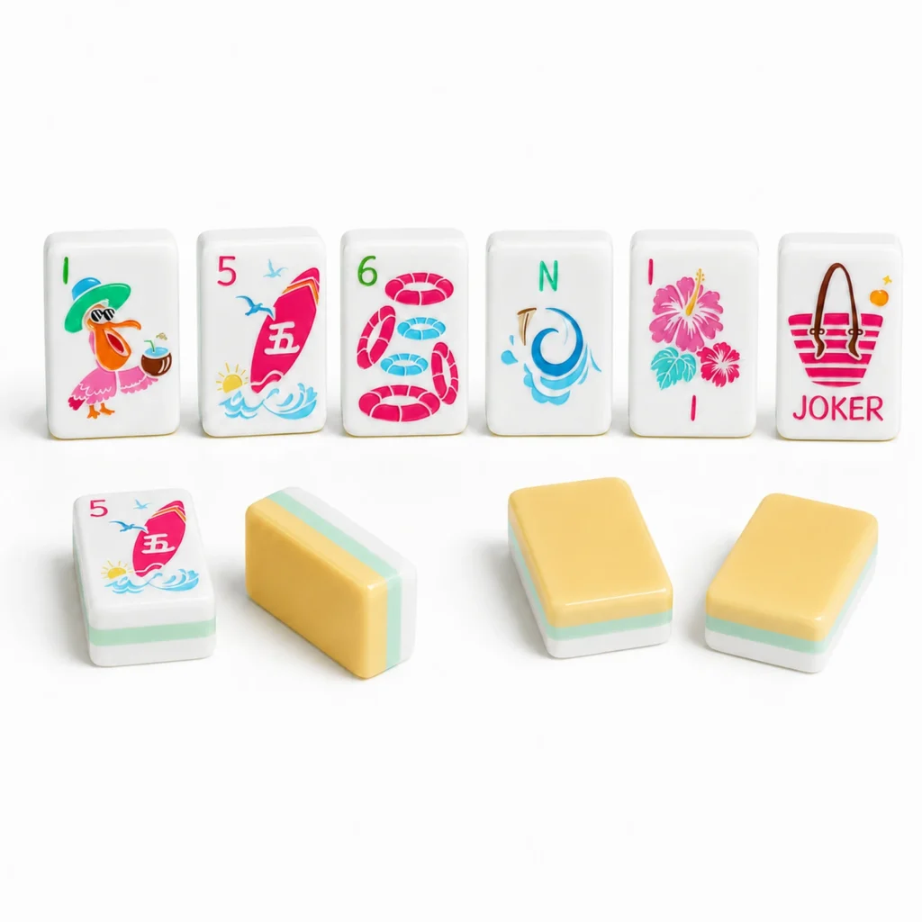 Coastal Summer American mahjong tiles showing colorful faces and yellow tile backs.
