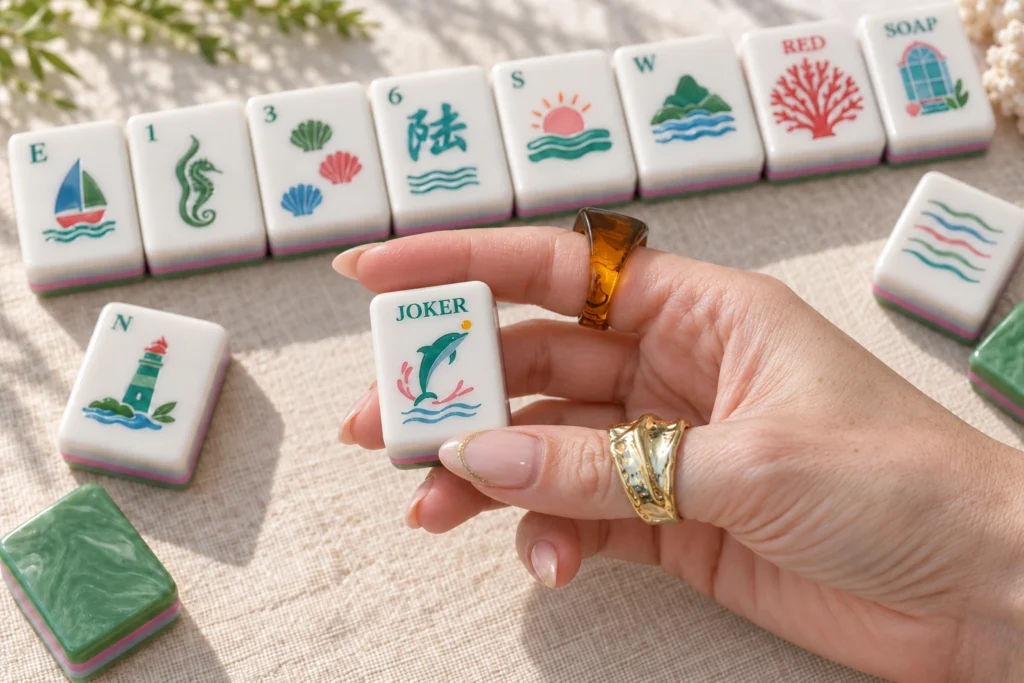 Hand holding a Joker tile with coastal artwork and layered edges