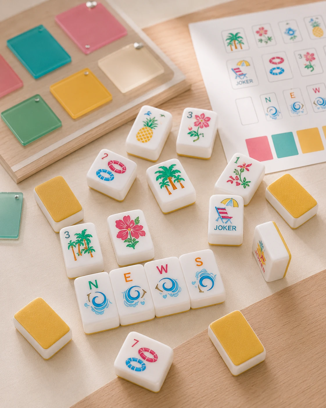 American Mahjong product development with tiles color samples and artwork