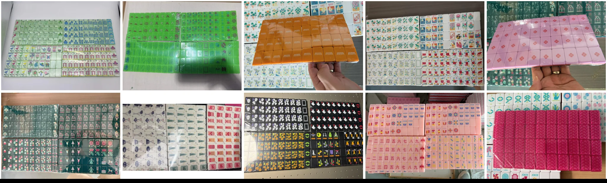 Ten production photos showing Mahjong tile faces, backs and protective wrapping