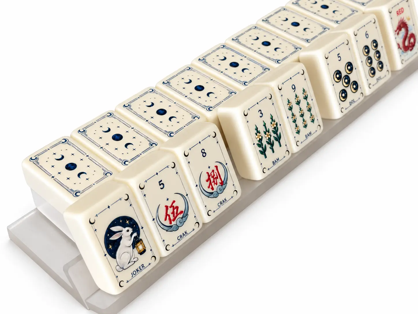 Mahjong tiles displayed in an optional rack