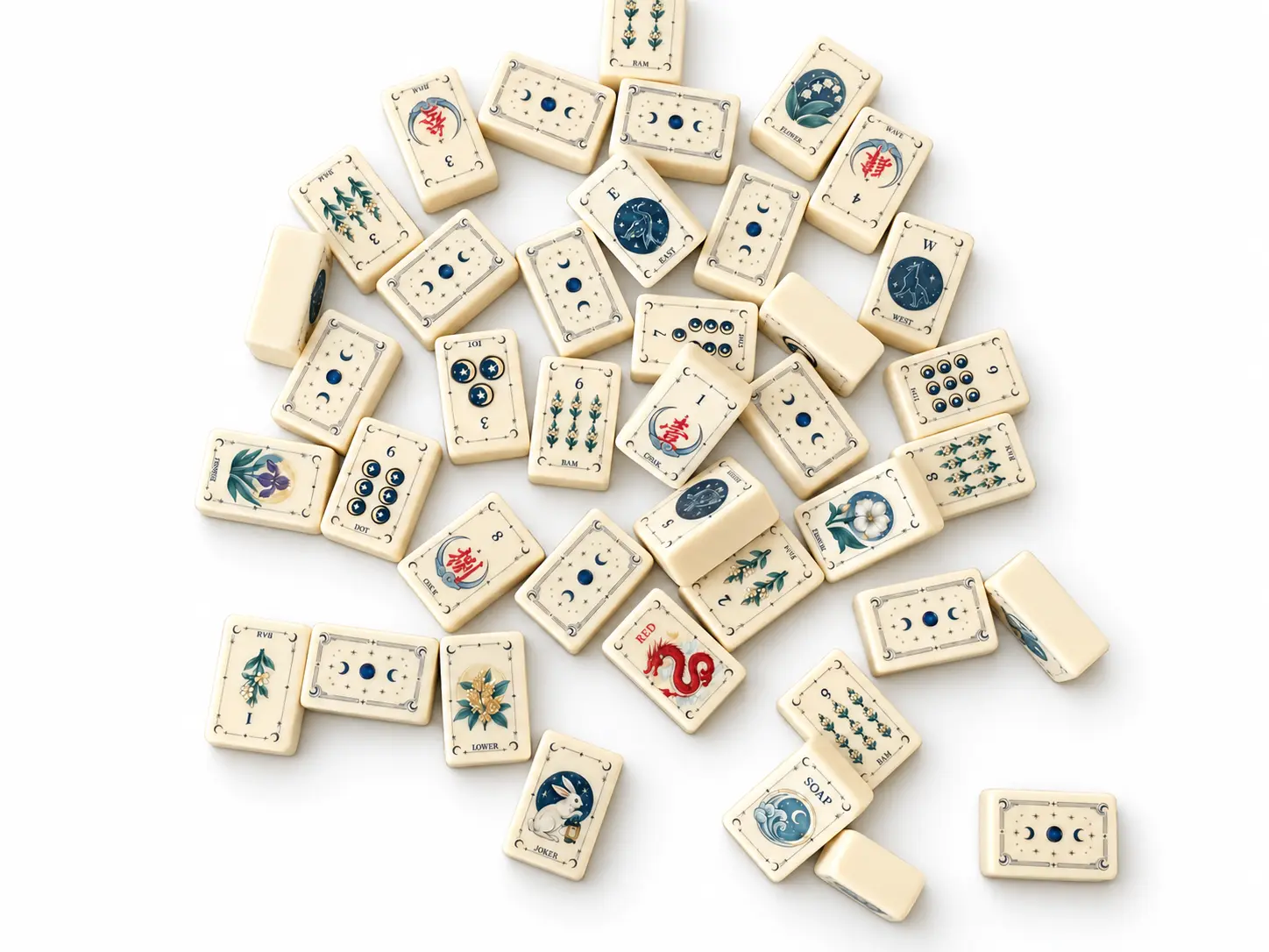 Ivory American Mahjong tiles showing coordinated botanical artwork and decorated backs