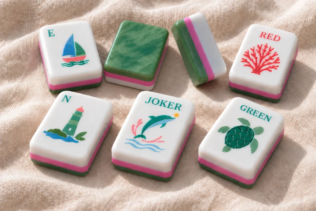 Close-up of American Mahjong tile faces, green backs and layered sides
