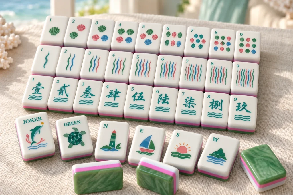 American Mahjong tile faces with coastal artwork, green backs and pink layers